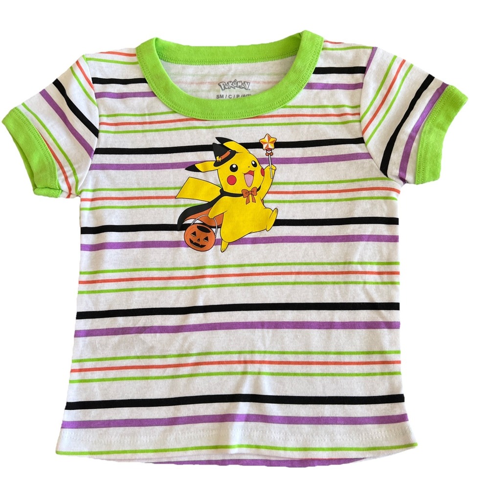 Pokemon Pikachu Halloween T-Shirt Kids S‎ 6/7 Short Sleeve Striped Colorful New